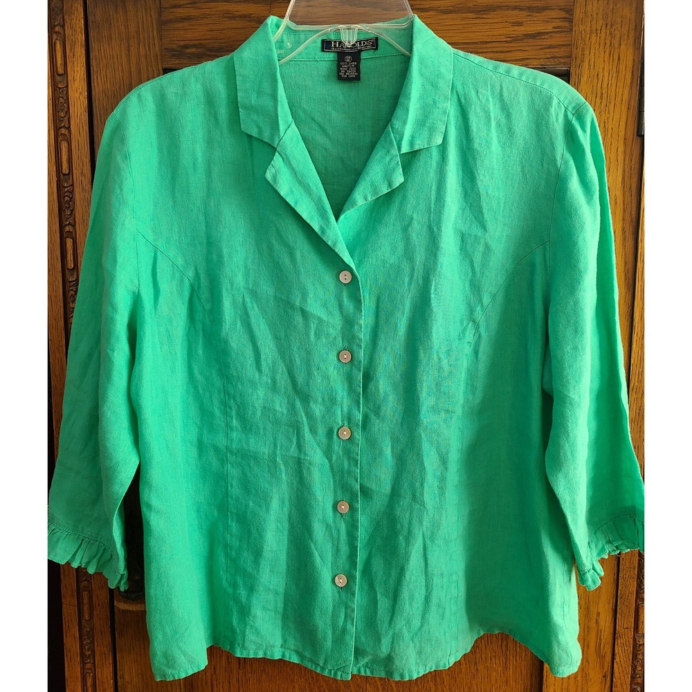 Vintage Harolds Green 100% Linen Button Down Ruffle Cuff Shirt Womens 12